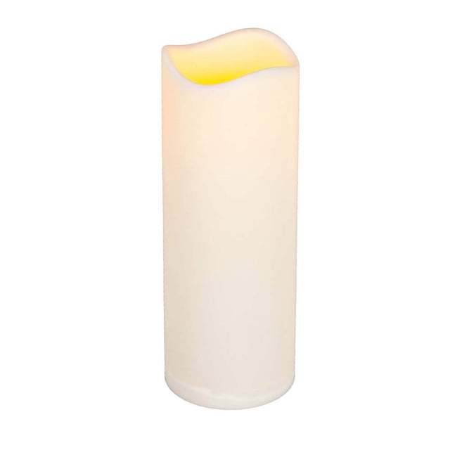 Timer LED Flameless Candle - Indoor/Outdoor Bisque Candle, 8 inches tall and 3 inches in diameter. The candle features a bisque-colored soft resin body with a wavy, melted-edge design and a warm LED glow. Ideal for decorative displays, it is water-resistant and includes a timer for convenience. Suitable for both indoor and outdoor use.