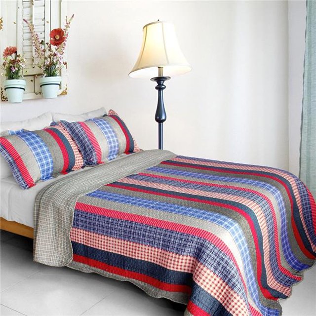 SJIN9210-23 Rayures Rétro - Coton 3 Pcs Ensemble de Courtepointe Patchwork Vermicelle Taille Full & Queen - Bleu