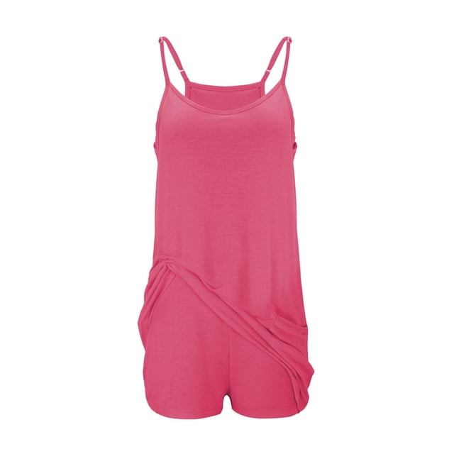 Yigetop Robe Athlétique avec Shorts! Combinaison-Robe pour Femmes, Couleur Unie, Élégante et Décontractée, à Double Poche, Bretelles Réglables, Rouge Melon D\'eau, S