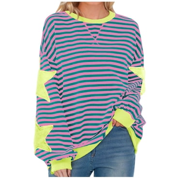 Swstbby Liquidation d'Économies d'Automne! Hauts d'Automne pour Femmes Grande Taille, Blouse Mode pour Femme à Col Rond à Rayures Imprimées Ample à Manches Longues Blouses Chandails Violet P
