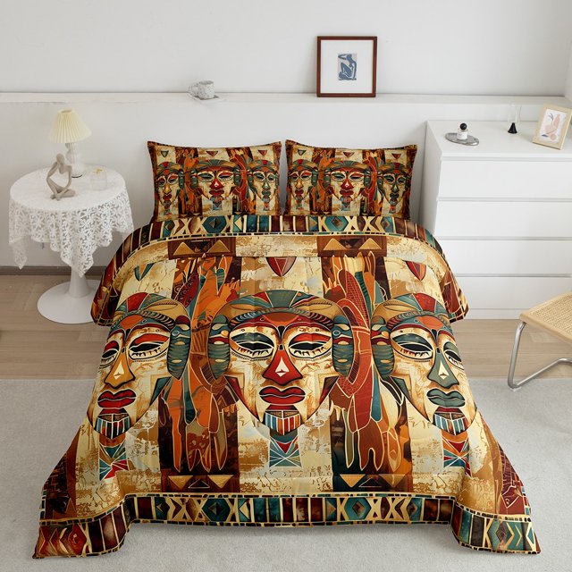 Erosebridal Tribal Face Print Bedding Full Comforter Set, Folk Art Down Comforter, Aztec Geometric Decor, Reversible