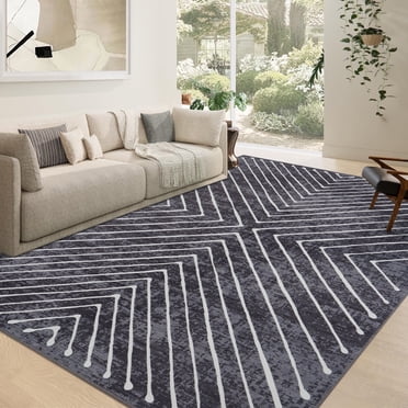 YUSAZENS Tapis 5x7 Moderne à Rayures Géométriques Lavable Antidérapant Résistant aux Taches Tapis Intérieur pour Salon Chambre Salle à Manger Bureau Gris Foncé