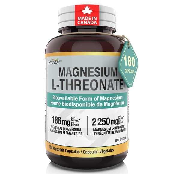 Herba Magnesium L-Threonate – 2,250mg of Magnesium L Threonate Per Serving (3 Capsules) - 186mg of Elemental Magnesium |180 Capsules | Made in Canada
