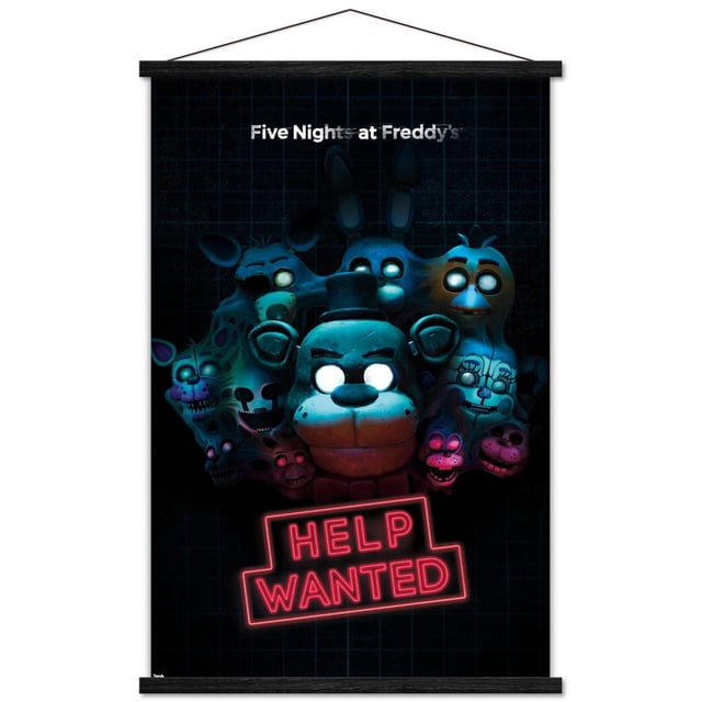 Five Nights at Freddy's - Affiche Murale Help Recherché, 22,375 Po x 34 Po, Montrant un Groupe Centré de Personnages Animatroniques aux Yeux Blancs Lumineux sur un Fond à Grille Sombre au-Dessus d'Un Panneau Néon Rouge « Help Recherché », Imprimée sur Papier Lustré avec Supports Adhésifs, Convient aux Salles de Jeux Ou à la Décoration de Fêtes.