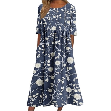 FAVIPT Women's Short Sleeve Maxi Dress Vintage Floral Print Pleated Maxi Dresses Round Neck Plus Size Long Dress with Pockets 2025 Dresses Navy,XL