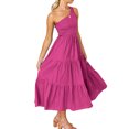 thumbnail image 4 of Femmes Longue Robe Swing Décontractée de polyester Respirant, Plissée Midi Parti Danse Plage Bureau de Vacances Adolescents Mode Vêtements d'Été Rose Rouge, 4 of 8