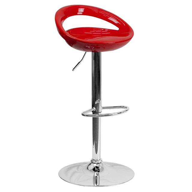 Contemporary Red Plastic Adjustable Height Barstool with Rounded Cutout Back and Chrome Base