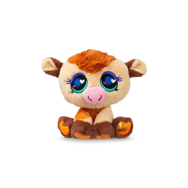Littlest Pet Shop 6" Cuddle Plush Pets Cow with a centered front view of a soft plush cow featuring large embroidered blue and green eyes with heart accents, a pink snout, orange and brown fur patches, and shiny orange hoof pads on a white background, suitable for play and display.