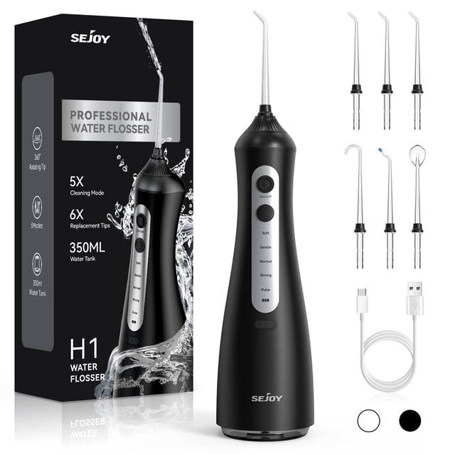 Sejoy Cordless Water Flosser Dental Teeth Cleaner with 6 Jet Tips, Professional 350ML Tank Rechargeable IPX7 Waterproof Dental Oral Irrigator for Home and Travel