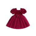 thumbnail image 1 of FOCUSNORM Enfants Filles Robe Couleur Unie Cou Carré Courte Robe Manches Bouffantes Automne Mode Couches Tulle Robe de Princesse Casual avec Ceinture, 1 of 9