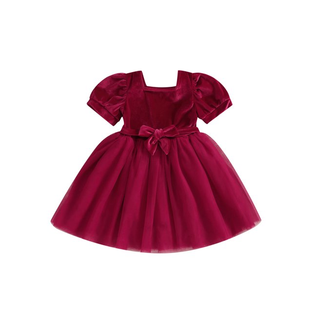 FOCUSNORM Enfants Filles Robe Couleur Unie Cou Carré Courte Robe Manches Bouffantes Automne Mode Couches Tulle Robe de Princesse Casual avec Ceinture