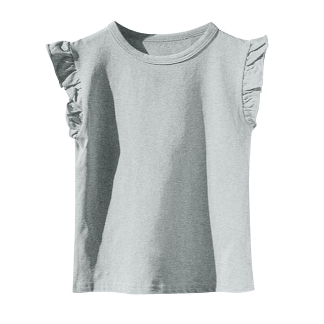 Girls Summer Flutter Sleeve Ruffle Collar Shirts Slim Fit Casual Tank Tops Gray 10-11 Years