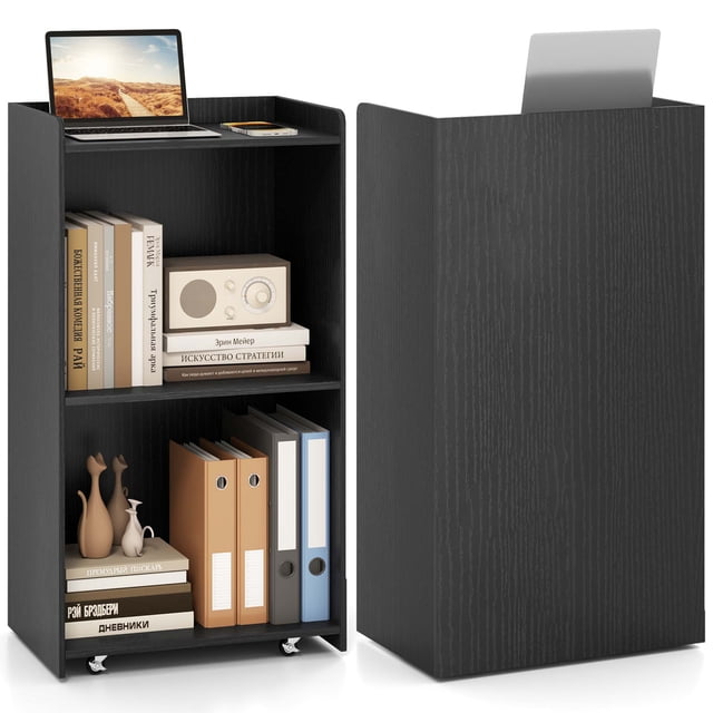 Gymax Ensemble de 2 Supports Podium Roulants Support de Lutrin Mobile avec 2 Tablettes et Roues Verrouillables Noir