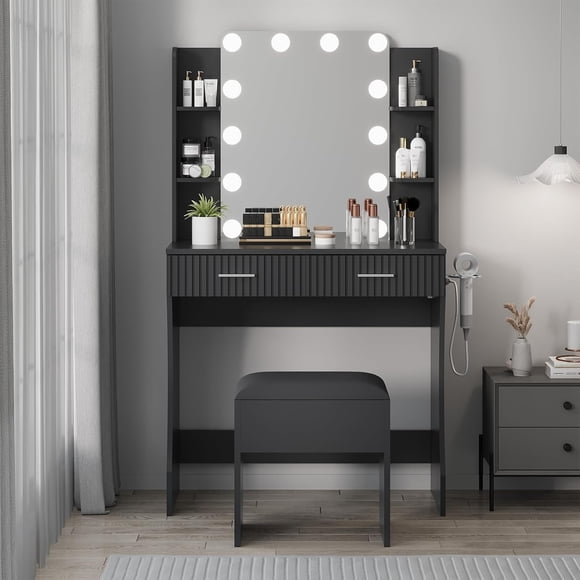 Modern Vanity Desk with Mirror and Lights, Makeup Vanity Table with 2 Drawers, 6 Shelves, Power Outlet, Stool, Dressing Table Set for Bedroom, Black