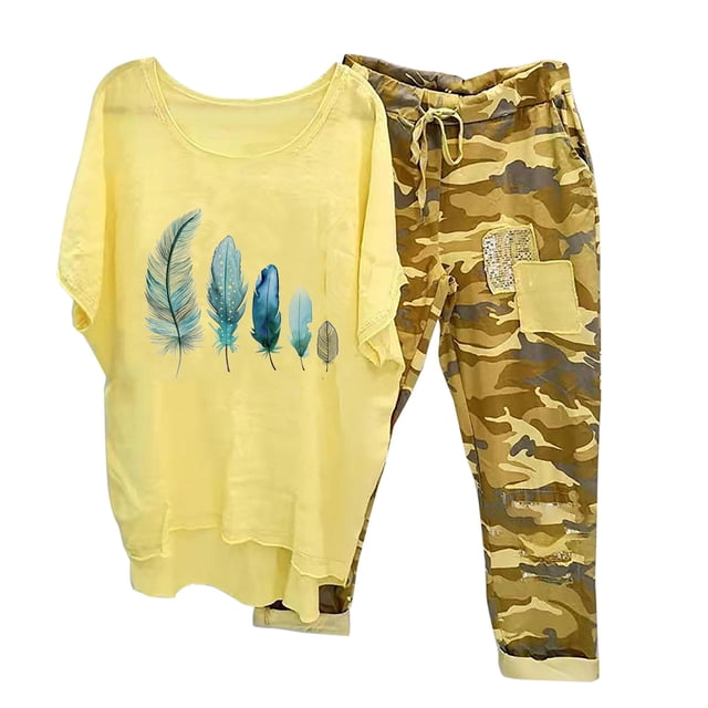 Mikilon Ensemble de Détente Confortable pour Femmes, Tenue d'Intérieur 2 Pcs, Ensemble de Détente Imprimé, Haut à Manches Mi-Longues à Col Rond + Pantalon, Jaune-F TP