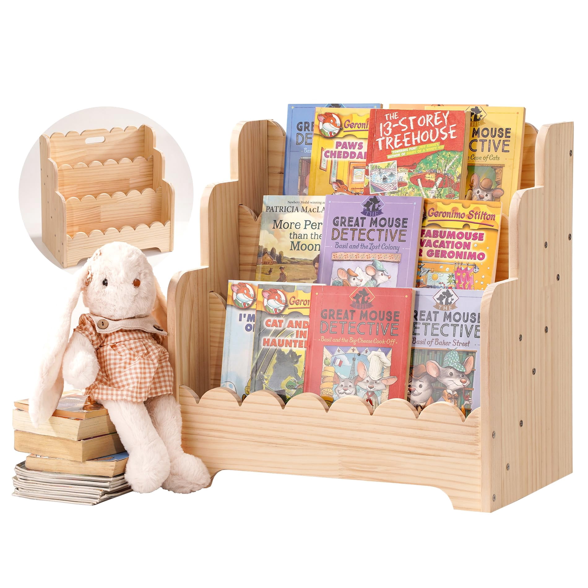 Kids Bookshelf Storage 3-Tier, Book Case for Kids Rooms, Scalloped Wooden Montessori Bookcase for Toddlers & Baby, Small Nursery & Classroom Book Shelves, Solid Wood Org