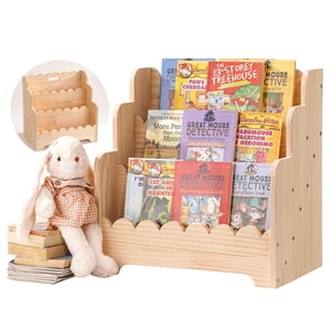 Kids Bookshelf Storage 3-Tier, Book Case for Kids Rooms, Scalloped Wooden Montessori Bookcase for Toddlers & Baby, Small Nursery & Classroom Book Shelves, Solid Wood Org