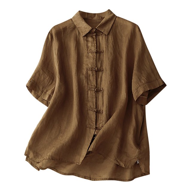 hotojiny Womens Button down Shirt Lightweight Cotton Linen Short Sleeve Beach Tops Spring Breathable Flowy Solid Color Clothes
