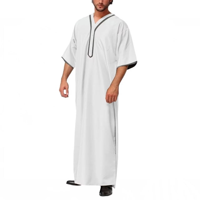XZNGL Ensemble de Robe Musulmane pour Hommes Robe Arabe Mi-Longue Manches Longues Col Montant Poche Bouton Robe Décontractée