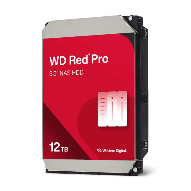 Western Digital 12TB WD Red Pro NAS SATA HDD, 3.5" internal hard drive, front-facing; 3.5-inch silver rectangular drive with WD Red Pro label showing 7200 RPM and 512MB cache, SATA connector and mounting holes visible on edge, plain white background; rated for RAID-optimized multi-bay NAS and 24x7 commercial use and suitable for media server or network backup storage.