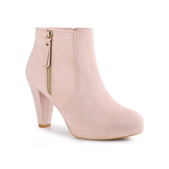 Unique Bargains Bottines à Plateforme à Bout Rond à Talons Épais pour Femme Rose Poudré (Taille 8)