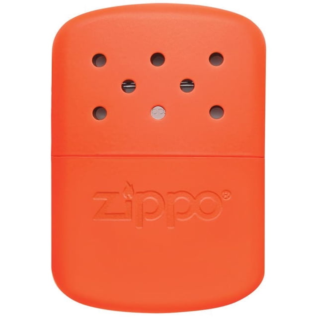 Zippo 12 Hour Hand Warmer in bright orange with a rounded rectangular metal body, six ventilation holes on the top half, and embossed Zippo logo on the lower half, ideal for emergency preparedness and outdoor cold weather activities.