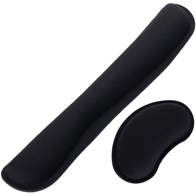 Wrist Rest, Keyboard and Mouse Wrist Rest pad Keyboard Cushion by gallfeel. Includes a rectangular keyboard wrist rest measuring 43 x 8.5 x 2.5 cm and a curved mouse wrist rest measuring 13.8 x 7.5 x 2 cm. Made of memory foam and leather with a smooth fabric surface for ergonomic support. Features a non-slip rubber base for stability. Suitable for office, home, or gaming use.