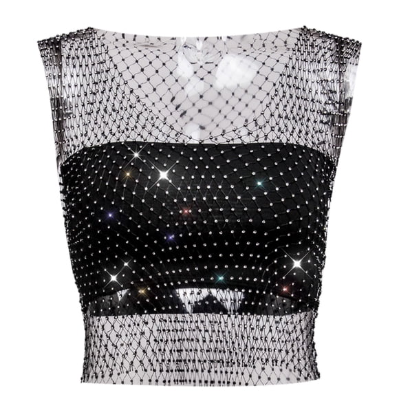 Filet de Pêche en Strass Filet Flash Gilet à Manches Courtes pour Femmes