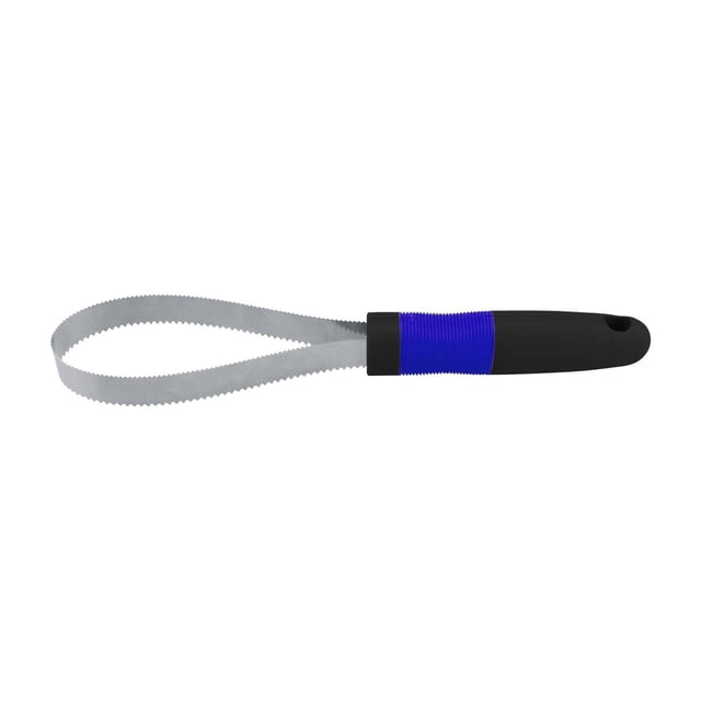 Wahl Double Sided Dog Shedding Blade with black handle and blue textured grip, featuring a flexible stainless steel looped blade with serrated teeth for grooming and de-shedding dogs of various coat types.