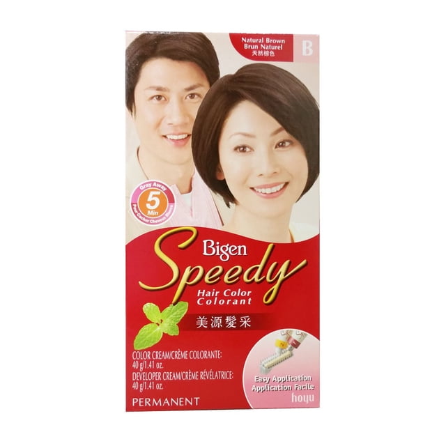 Bigen Speedy Hair Colour natural brown packaging showing two hair color samples, promoting easy comb-through application and 5-minute grey coverage with a permanent formula containing six natural herb extracts for hair nourishment.