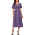 thumbnail image 1 of INSPIRE CHIC Robe d'Été pour Femme Col en V Boutonnée Manches Volantées Smockée Taille Haute Robe Midi TP Violet, 1 of 5