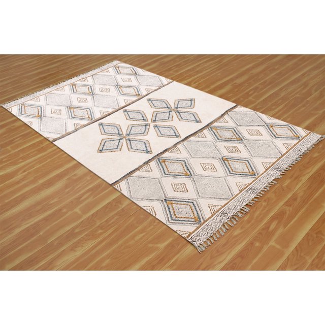 Casavani Hand Block Printed Cotton Dhurrie Grey Kitchen Area Mat Square Outdoor Rug Home Decor Kilim 7x7 feet