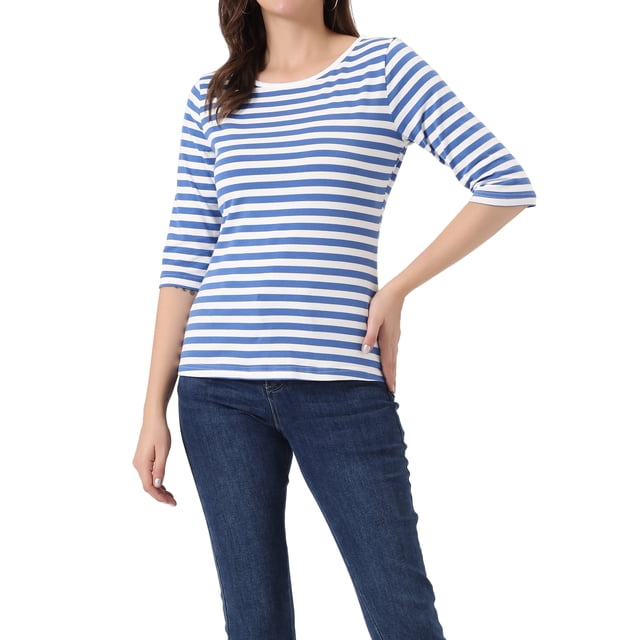 INSPIRE CHIC Hauts pour Femmes Non Doublés Col Rond Manches au Coude Coupe Ajustée T-Shirt Décontracté TG Bleu Blanc