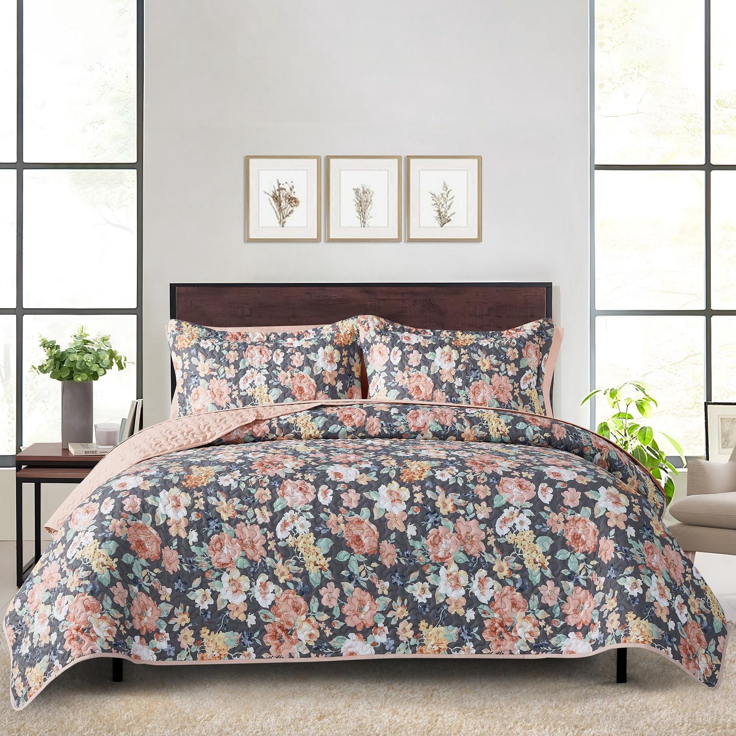 Mainstays Ensemble courtepointe et drap-housse légers tout-en-un - 7pièces, Grand Lit, Floral Gris