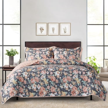Mainstays Ensemble courtepointe et drap-housse légers tout-en-un - 7pièces, Grand Lit, Floral Gris