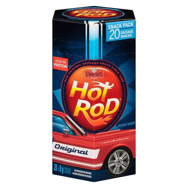Schneiders Hot Rod Sausage Snacks Original Flavour 8-Gram Stics box showing a red vintage car graphic on a blue background, featuring 20 high-protein sausage snack sticks that require no refrigeration, suitable for portable snacking.