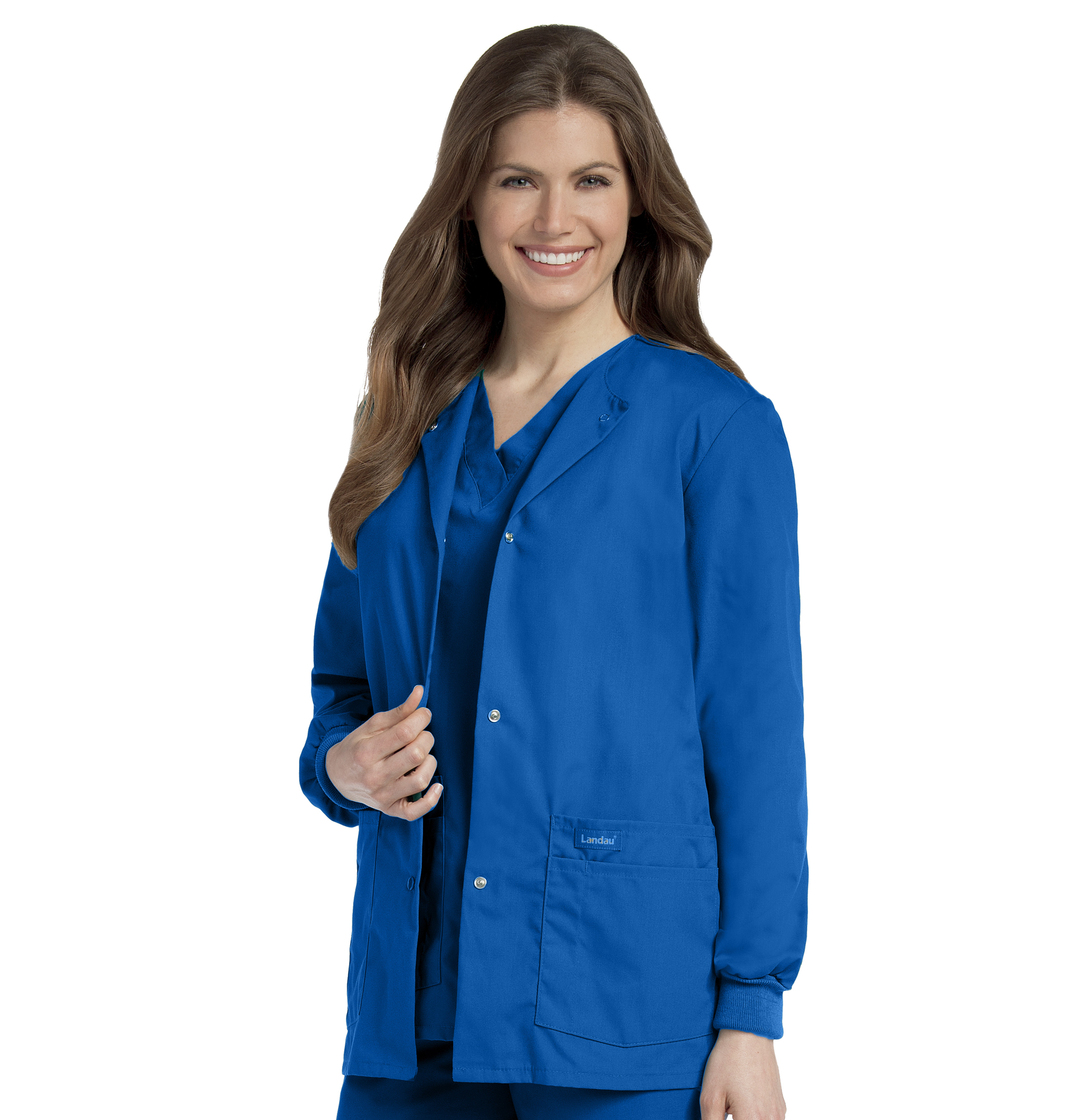 Landau Essentials Veste d'Uniforme à 4 Poches pour Femmes : Coupe Classique et Décontractée, Col Ras du Cou, devant à Boutons-Pression et Poignets en Tricot 7525