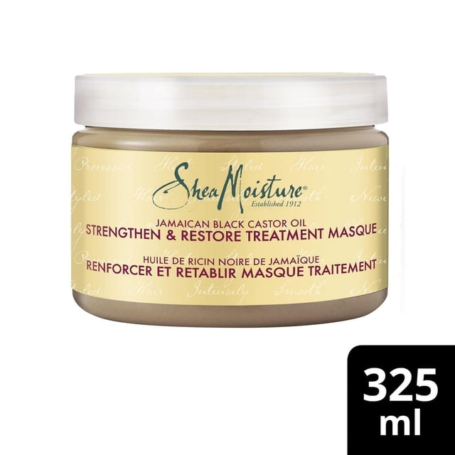 SheaMoisture Masque de Traitement à l'Huile de Ricin Noire Jamaïcaine Strengthen & Restore Revitalisant en Profondeur dans un Pot beige de 325 ml avec Couvercle Blanc et Étiquette Jaune, Formulé pour Réparer et Renforcer les Cheveux Abîmés, Cassants Ou Traités Chimiquement, Idéal pour les styles Naturels Bouclés Ou Ondulés.