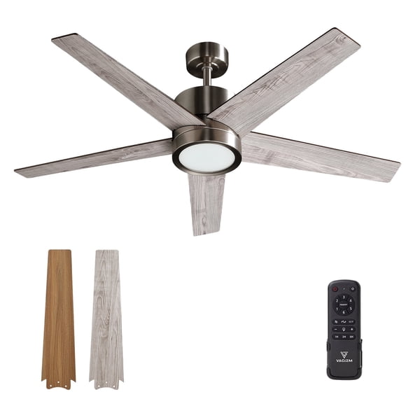52 Inch Ceiling Fan Brushed Nickel: Vagizm Remote Controlled Dimmable Light Combo - Quiet Reversible - 5 Blades (Brushed Nickel+Gray)