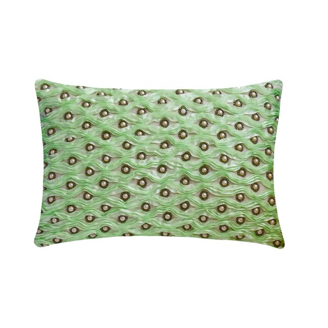 The HomeCentric Decorative Green 12"x20" (30x50 cm) Lumbar Pillow Cover, Linen Ribbon & Pearl Embroidery Oblong Pillow, Abstract Pattern Modern Style - Mint Ripple