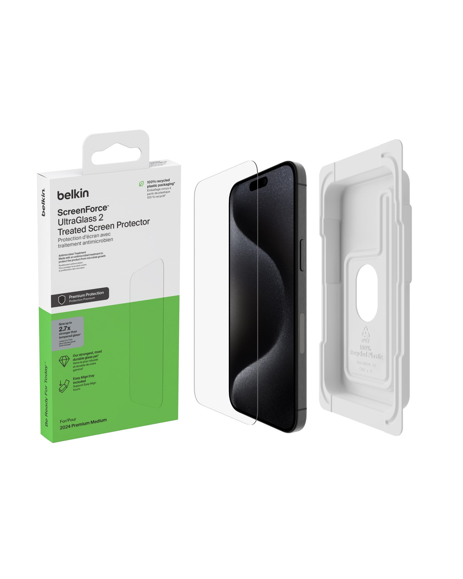Belkin ScreenForce UltraGlass 2 Treated Screen Protector for iPhone 16 Pro - Scratch-Resistant, 9H Hardness Tested Glass w/ Slim Design & Easy Align Tray for Bubble-Free Application