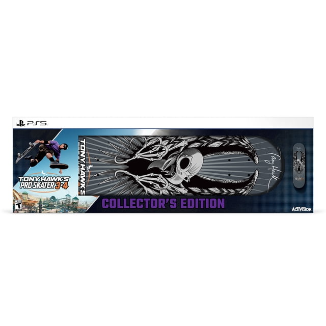 Tony Hawk'sTM Pro SkaterTM 3 + 4 – Édition de Collection – PlayStation 5 Emballage Présentant un Plateau de Planche à Roulettes avec un design de Crâne et de Griffe Noir et Blanc, la signature de Tony Hawk, et une Planche à Doigts Assortie, Accentuée de Bleu et de Violet, Convient aux Collectionneurs et aux Amateurs de Jeux de Planche à Roulettes.