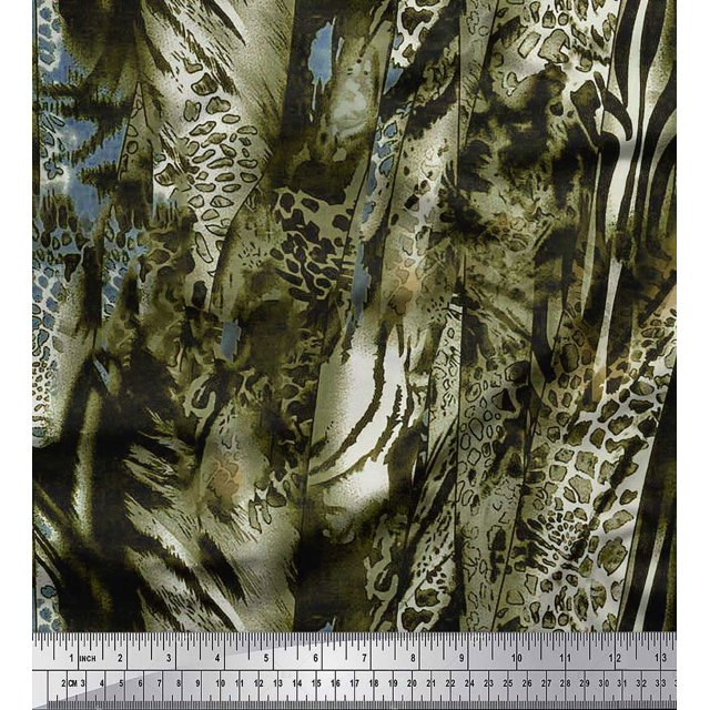 Soimoi Green polyester Crepe Fabric Leopard & Wild Animal Skin Print Sewing Fabric BTY 52 Inch Wide