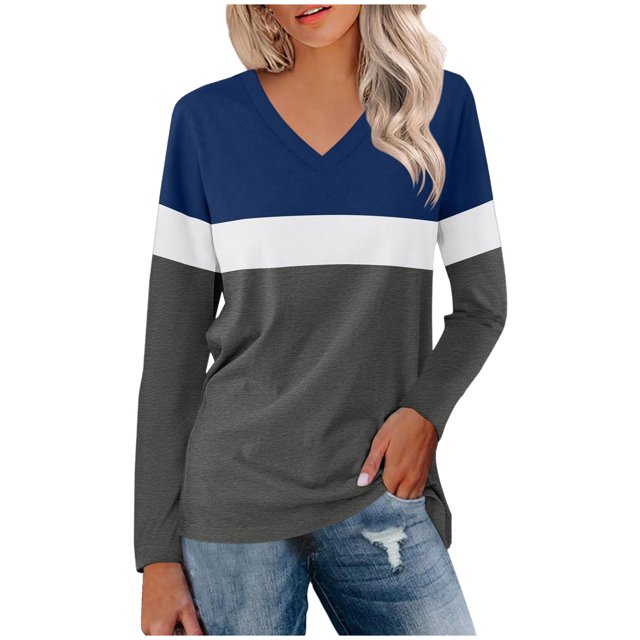 Pisexur Sweats à Capuche Femme Mode Color Block Patchwork V Col Sweat-Shirts Décontractés à Manches Longues pour Femmes Sweat-Shirt Oversize Léger et Fluide pour Femmes Pull-Over