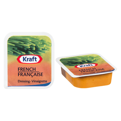 KRAFT Vinaigrette Française (Caisse) 200 Unités. Deux portions Individuelles de Vinaigrette Française KRAFT Sont Présentées, Chacune dans un Contenant en Plastique Scellé avec une Vinaigrette orange Vibrante visible. l'Étiquette Présente le logo KRAFT, le Texte « French French » et une image d'Herbes Vertes Fraîches. Convient aux condiments en Vrac pour le service Alimentaire Ou l'Entreposage du Garde-Manger.