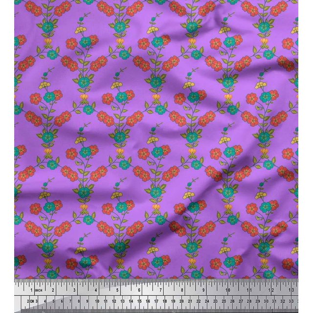 Soimoi Moss Georgette Fabric Leaves & Floral Printed Fabric 1 Yard 42 Inch Wide