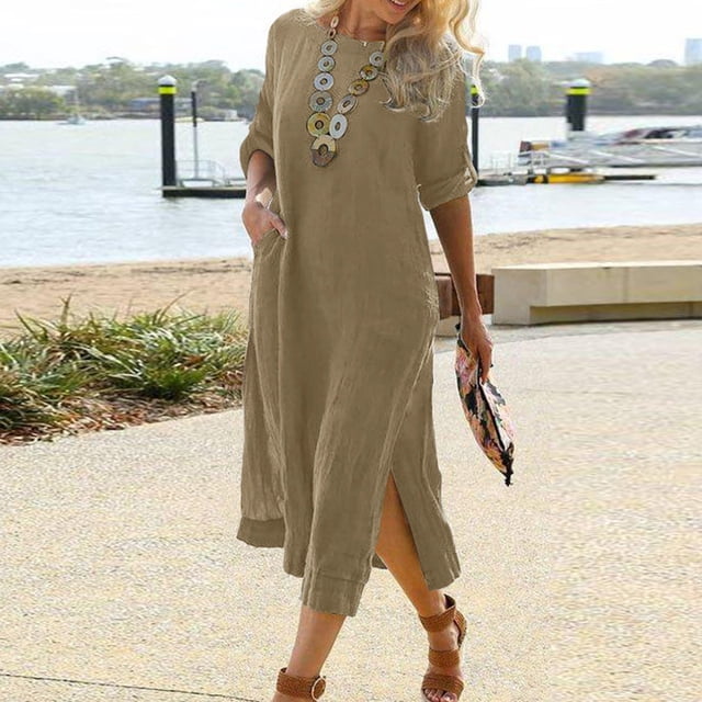 SMihono Robe Maxi Bohème d'Été pour Femmes Grande Taille Mode d'Été pour Femmes Couleur Unie Col Rond Manches Mi-Longues Robe en Coton et Lin Robe de Plage Évasée