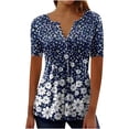 thumbnail image 2 of EGNMCR T-Shirts pour Femmes Femmes Mode Été Pli Imprimé Régulier Femmes Manches Courtes Col en V Bouton Haut, 2 of 3