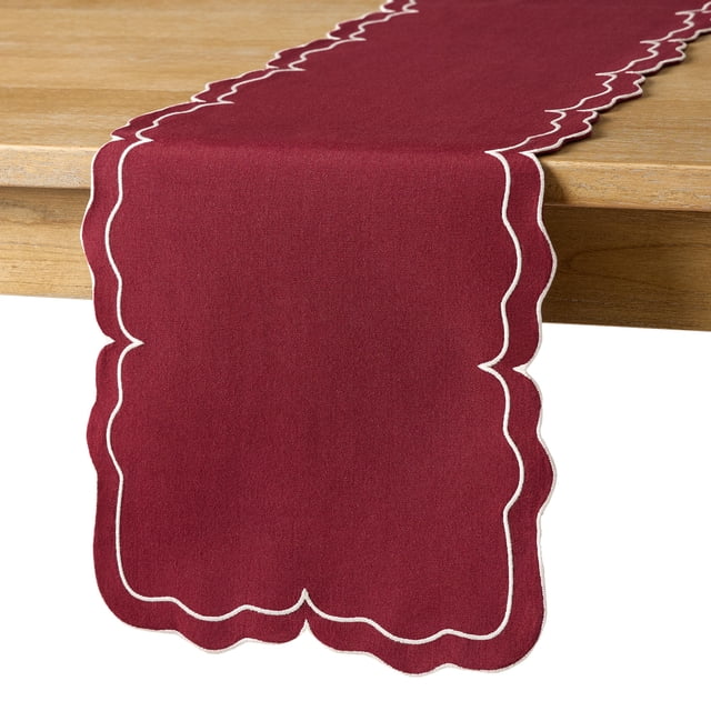 Holiday Time Cranberry Spice Collection Embroidered Scallop Table Runner, Red/White, 13" x 72"