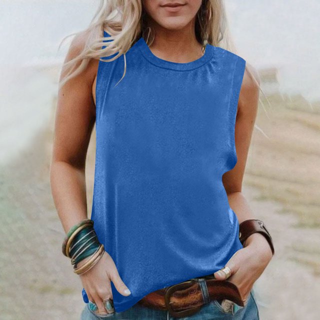 Débardeurs pour Femmes Zeophrasy Chemise Sans Manches pour Femmes Couleur Unie Col Rond Chemise Décontractée Débardeurs Blouse Sans Manches Excellent Cadeau à Petit Prix Bleu G